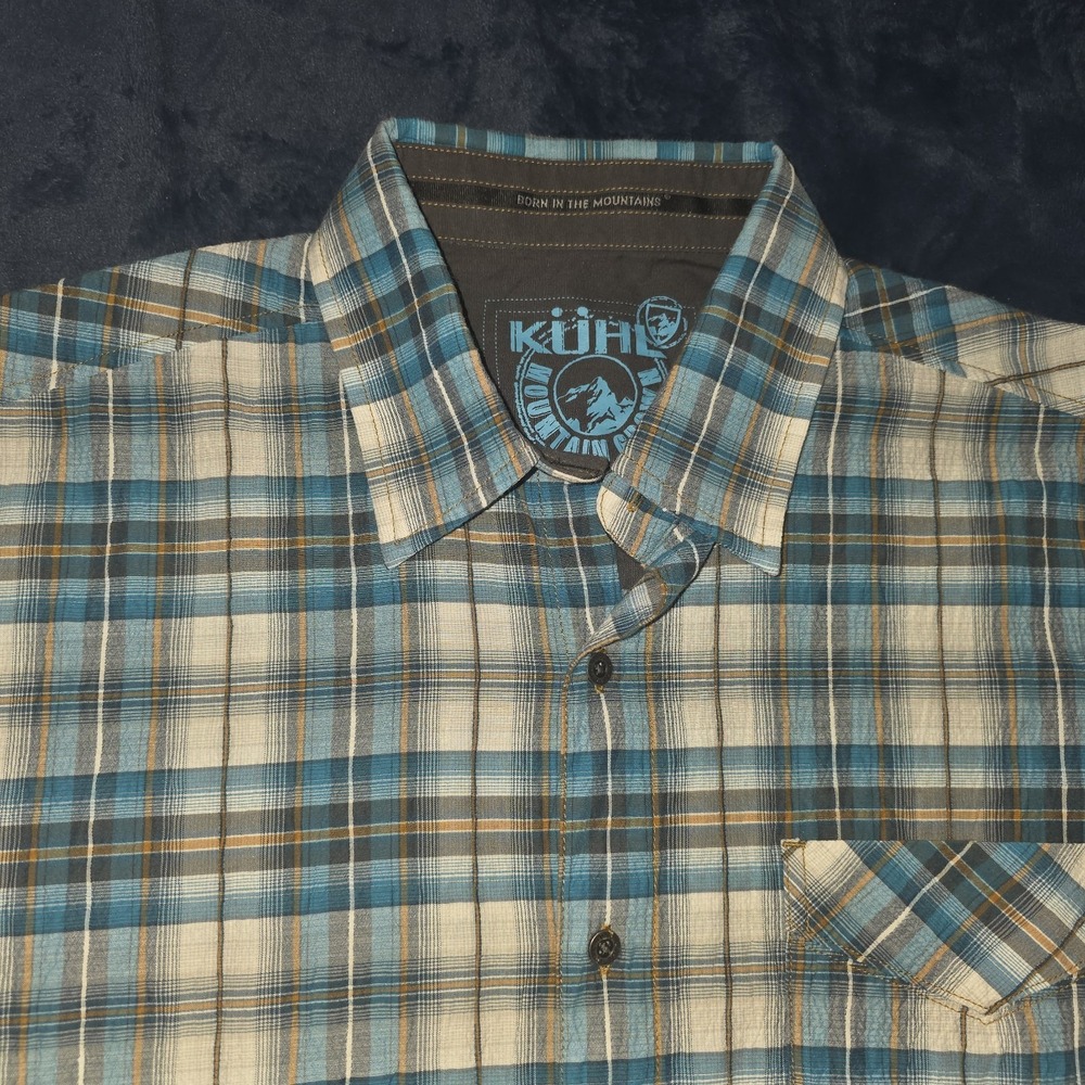 Kuhl Shirt Mens Medium Blue Plaid Button Up Short Sleeve Camp Adult Men
